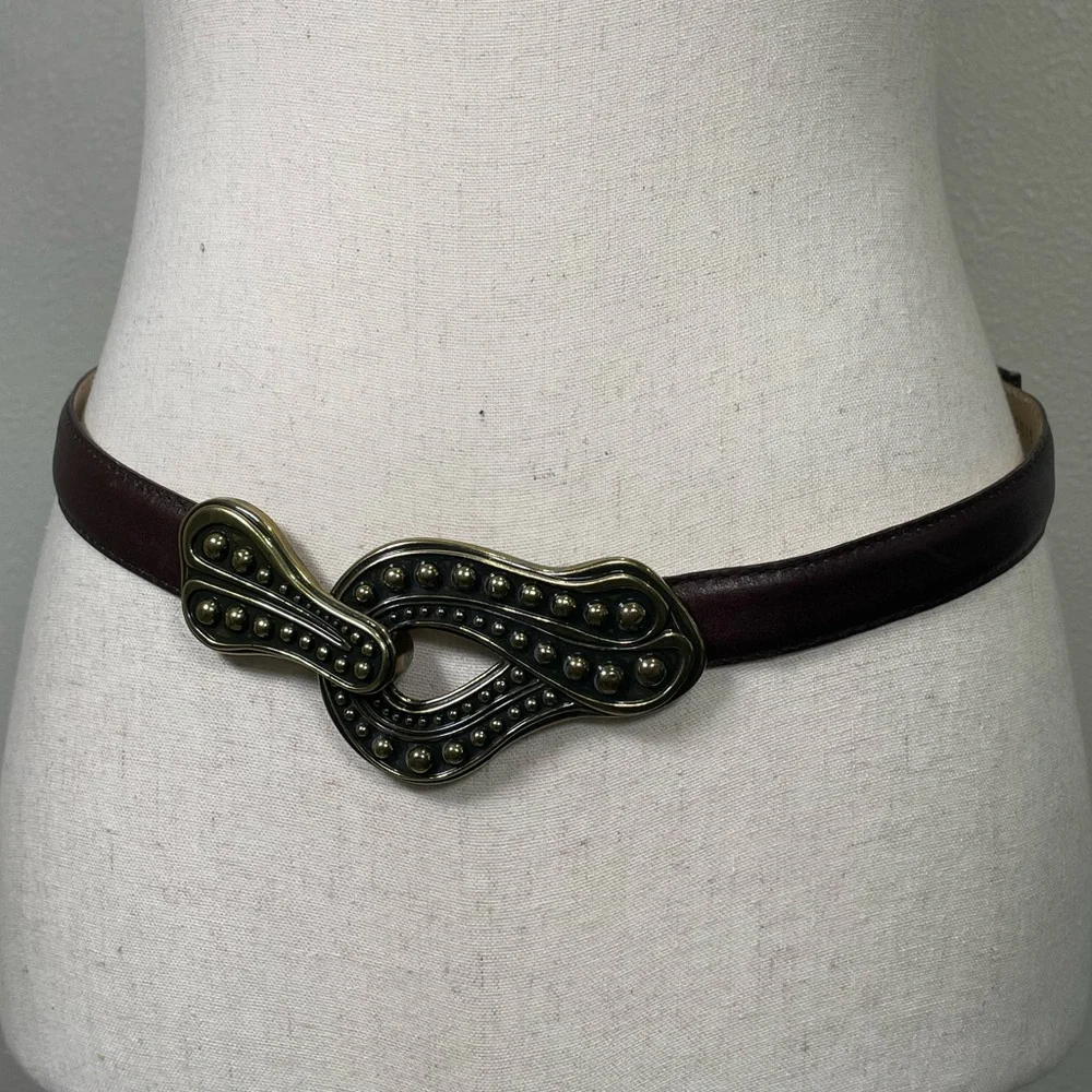 Vintage Womens Landes adjustable Leather Brown Brushed Gold Clasp Buckle Belt OS